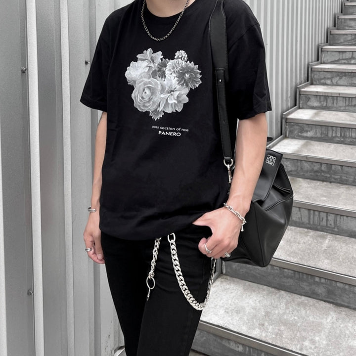 "풀 블룸"꽃 티셔츠 (검은 색)