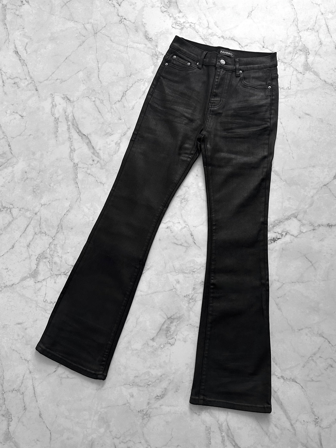 "Coated Flare Denim"