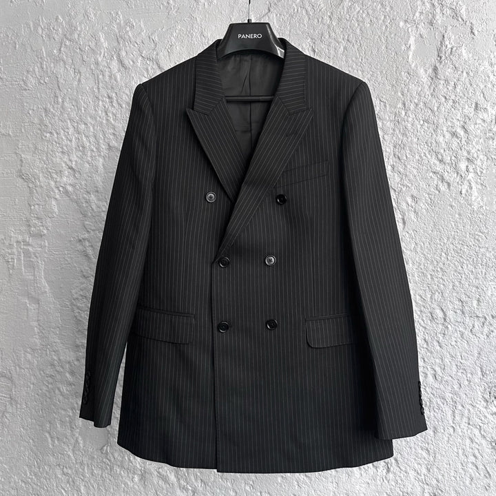 “Double Breasted Striped Wool Jacket”