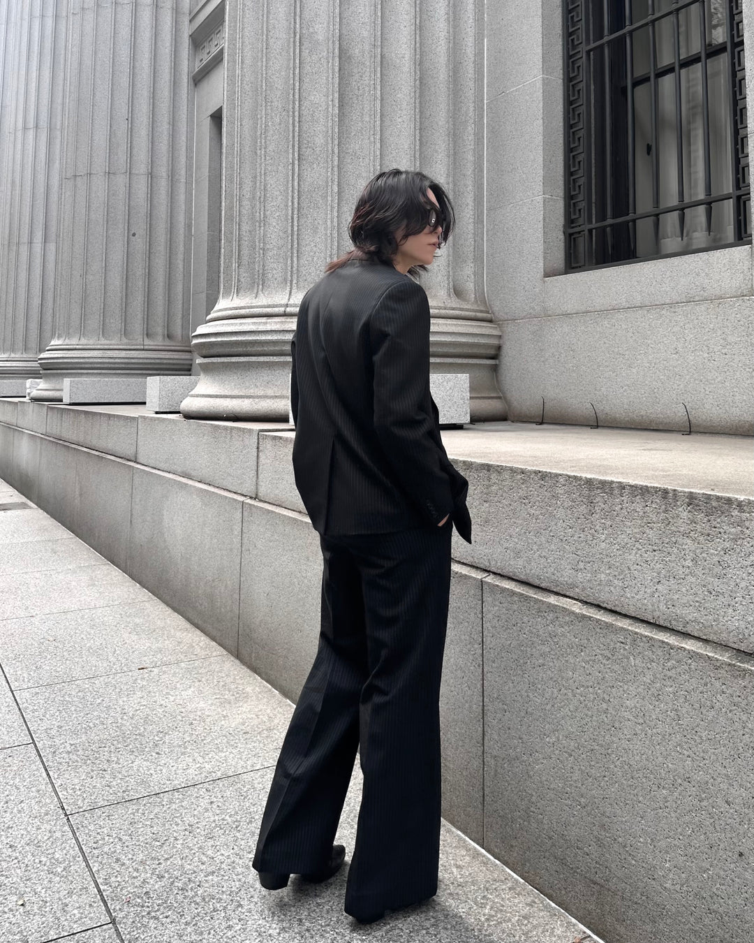 "Striped Wool Wide Flare Slacks"