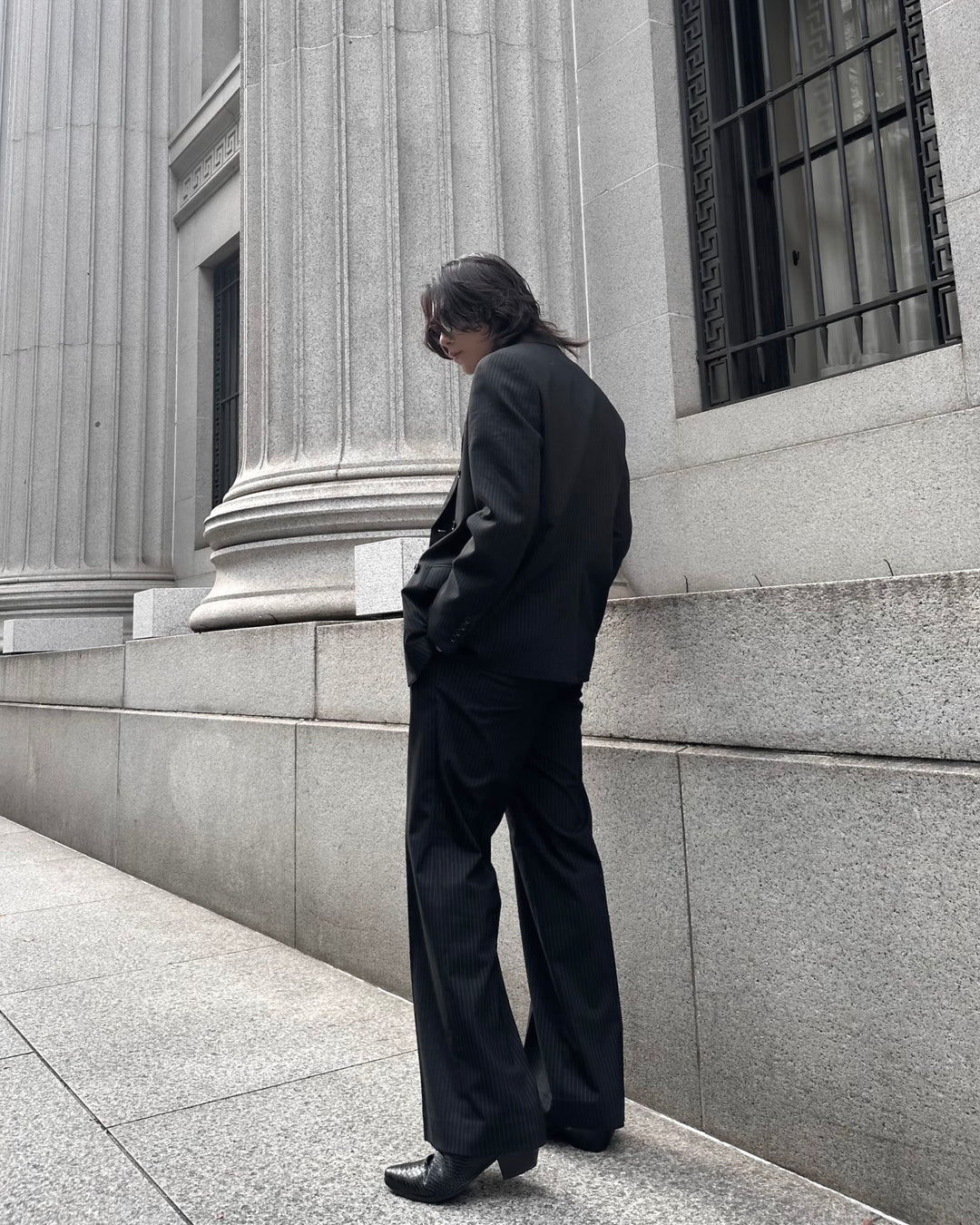 "Striped Wool Wide Flare Slacks"