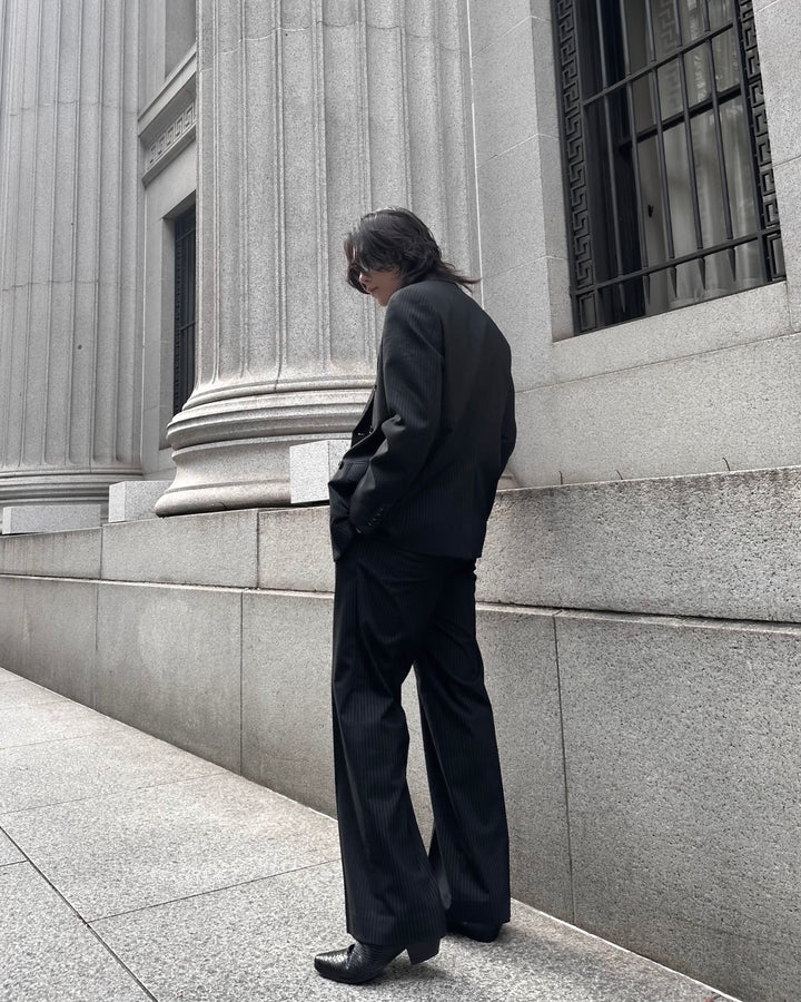 "Striped Wool Wide Flare Slacks"