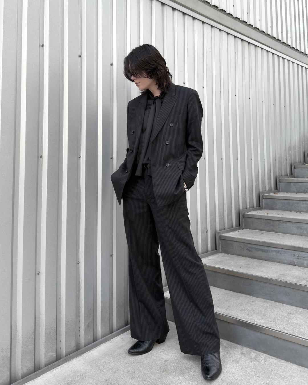 "Striped Wool Wide Flare Slacks"