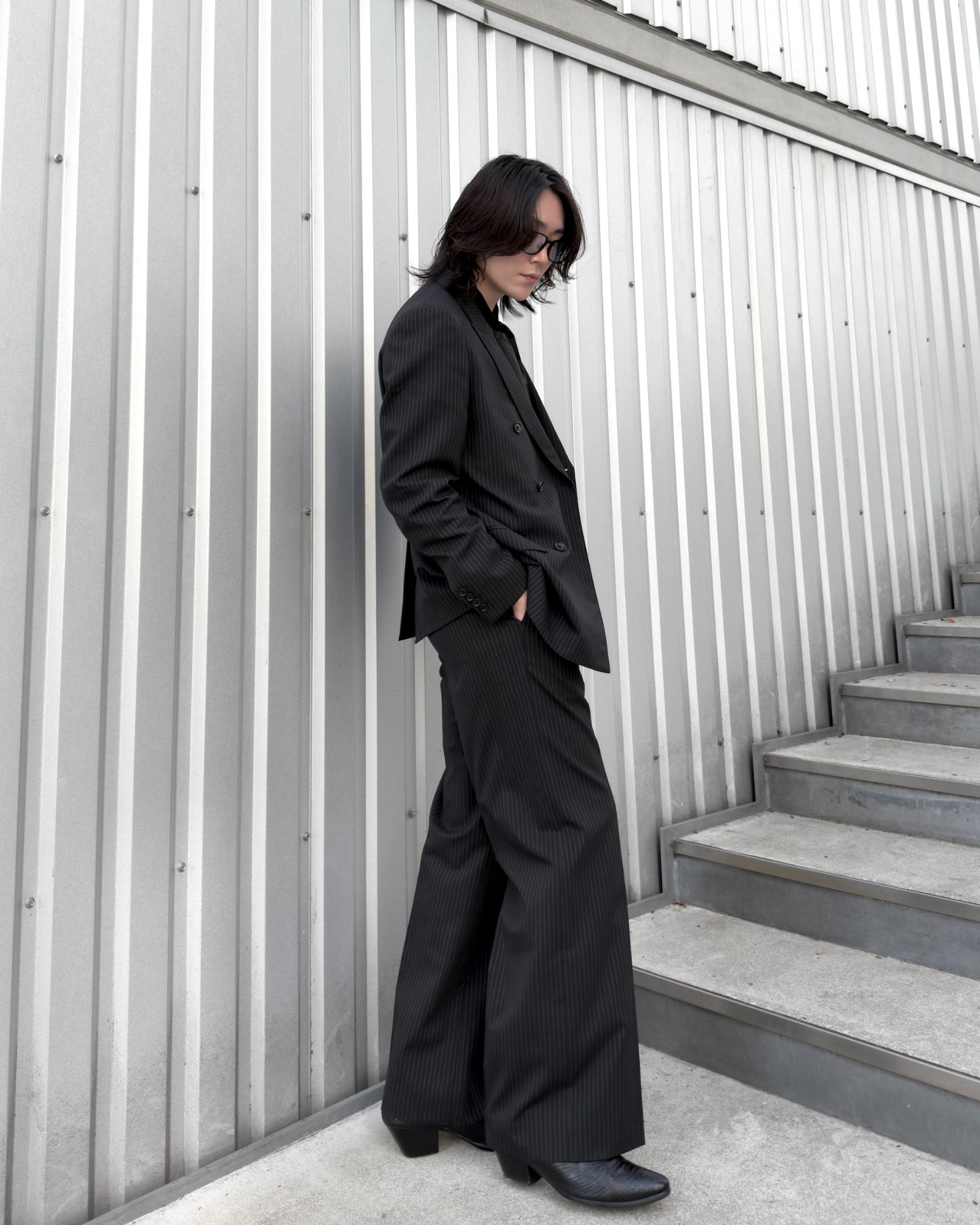 Striped Wool Wide Flare Slacks