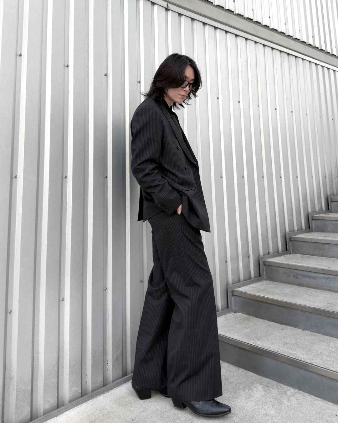 "Striped Wool Wide Flare Slacks"