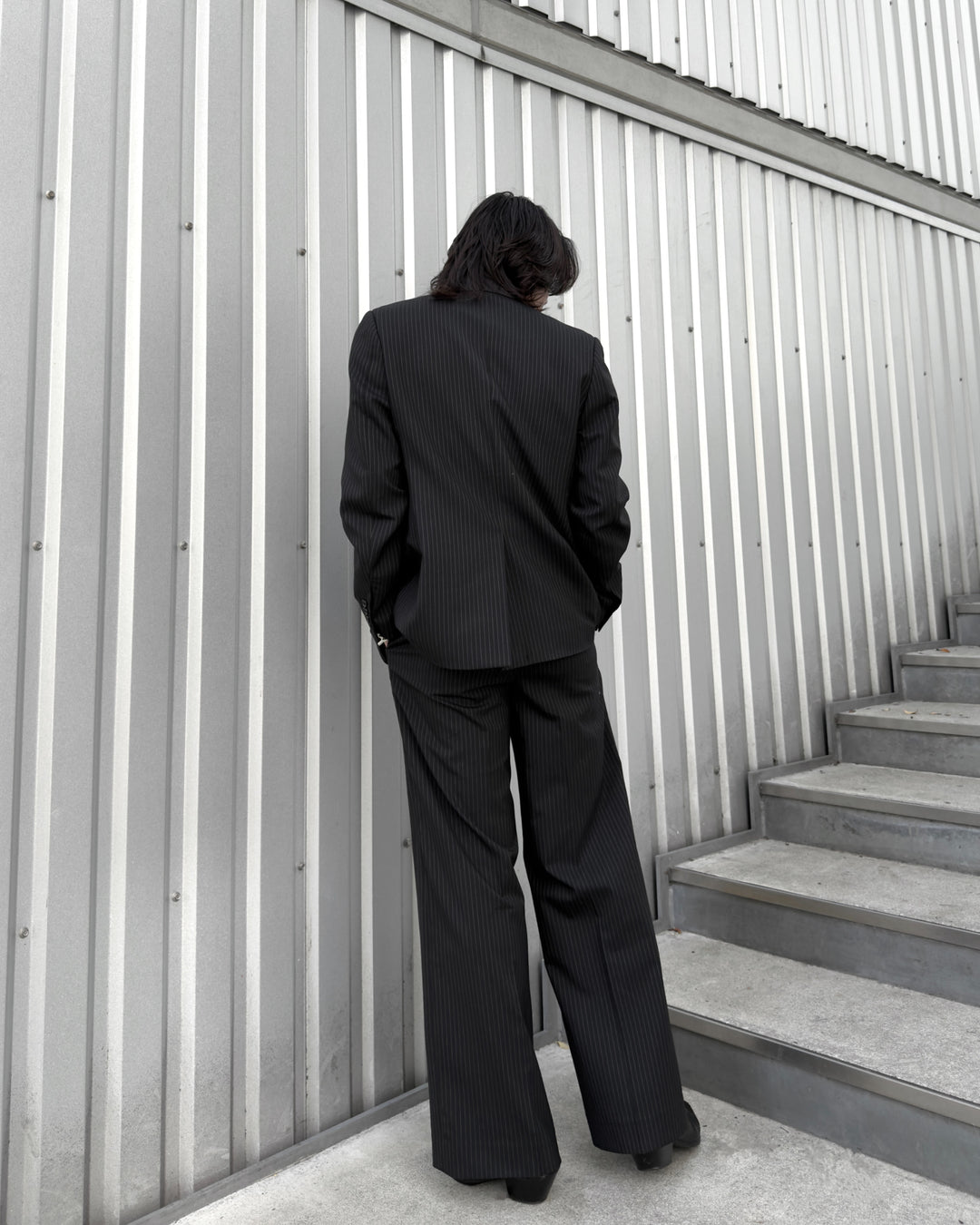 "Striped Wool Wide Flare Slacks"