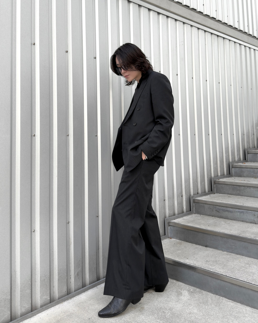 "Striped Wool Wide Flare Slacks"