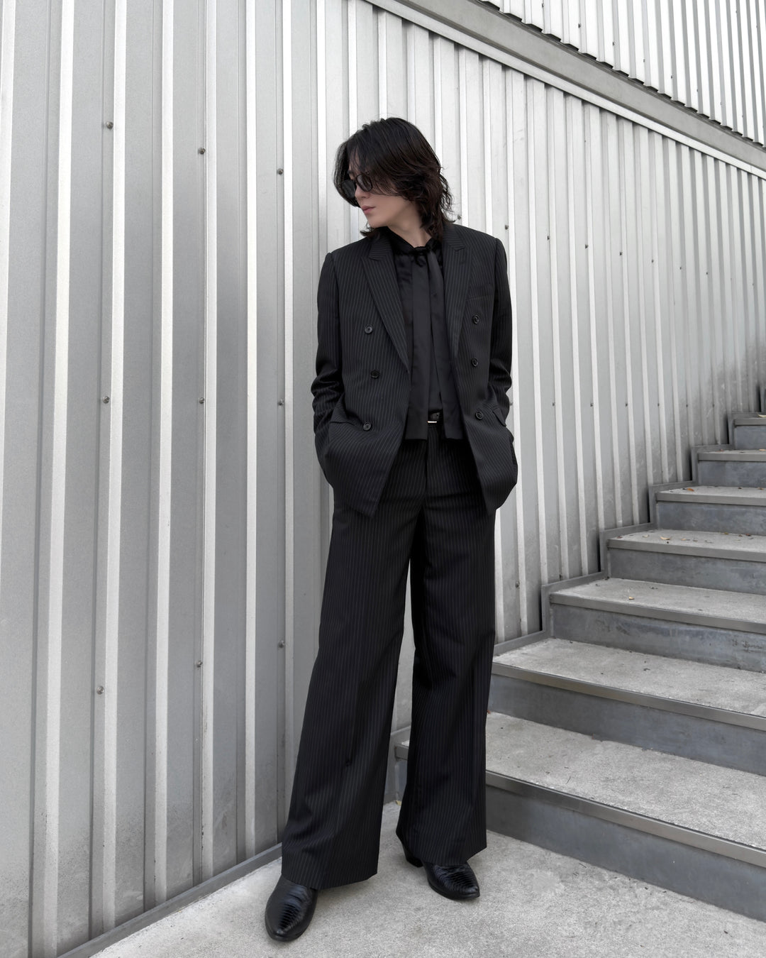 "Striped Wool Wide Flare Slacks"