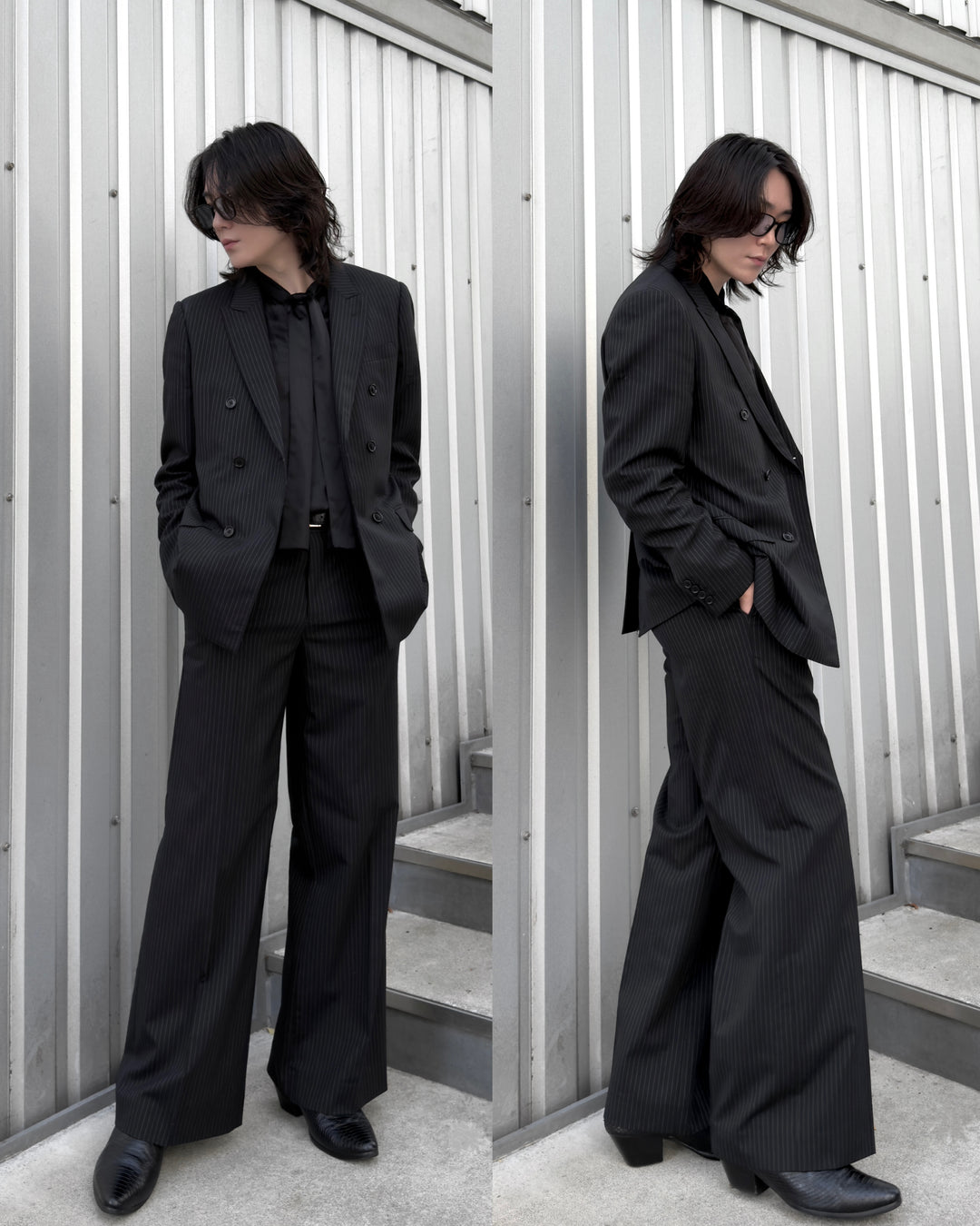 "Striped Wool Wide Flare Slacks"