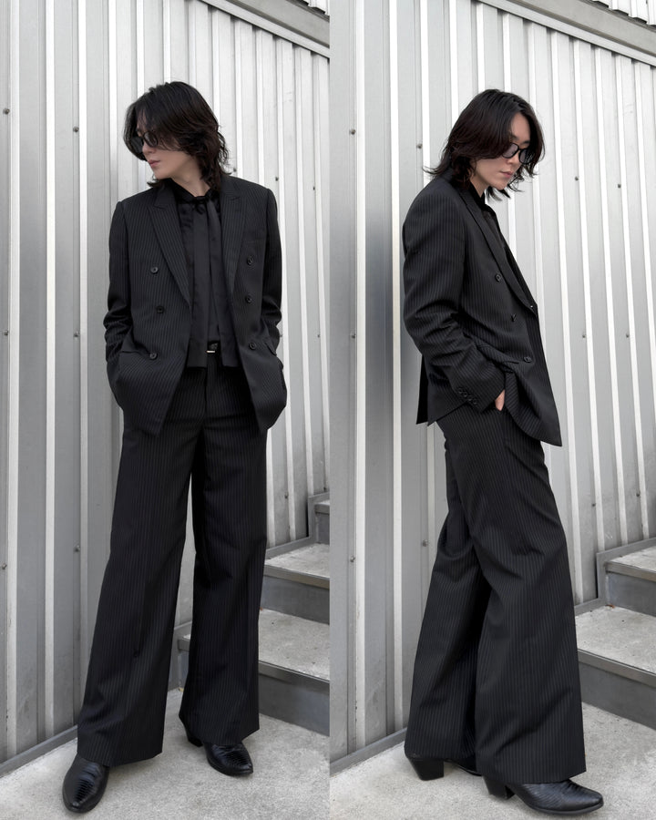 "Striped Wool Wide Flare Slacks"