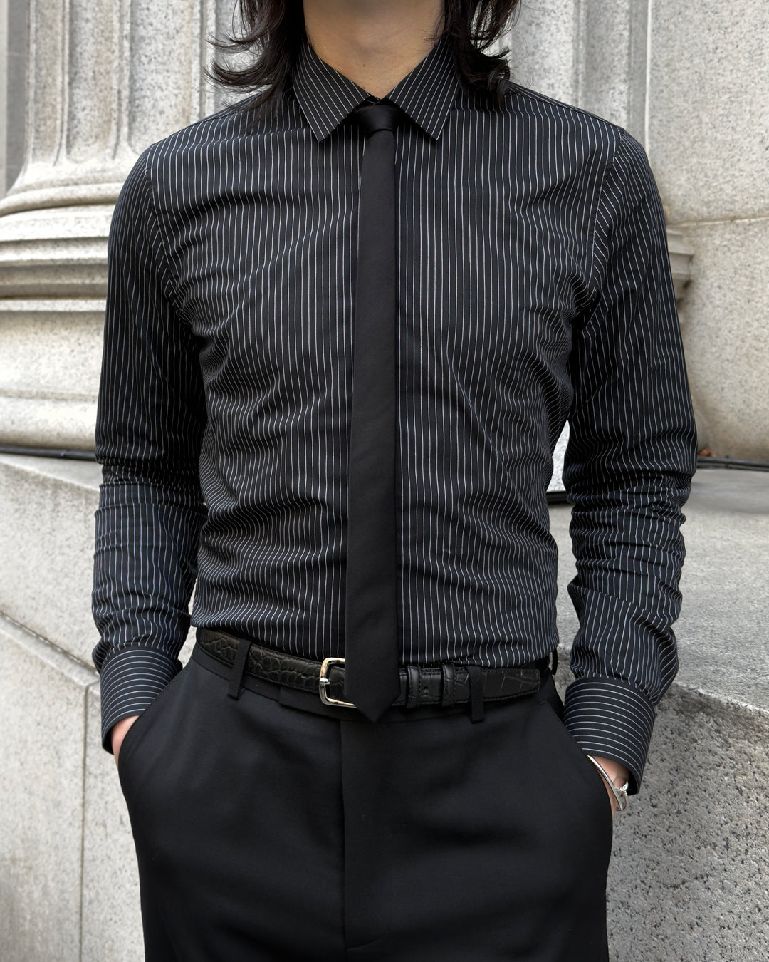 "Striped Cotton Shirt" Black 