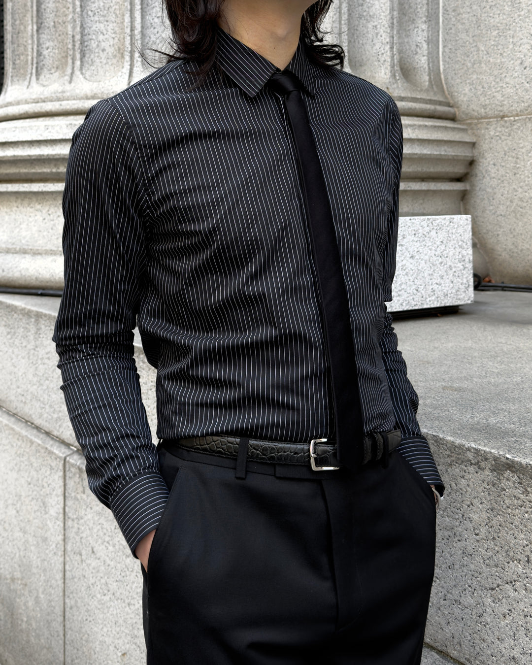 "Striped Cotton Shirt" Black 