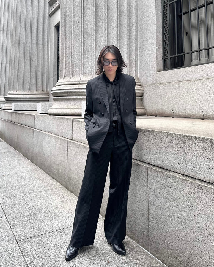 "Striped Wool Wide Flare Slacks"