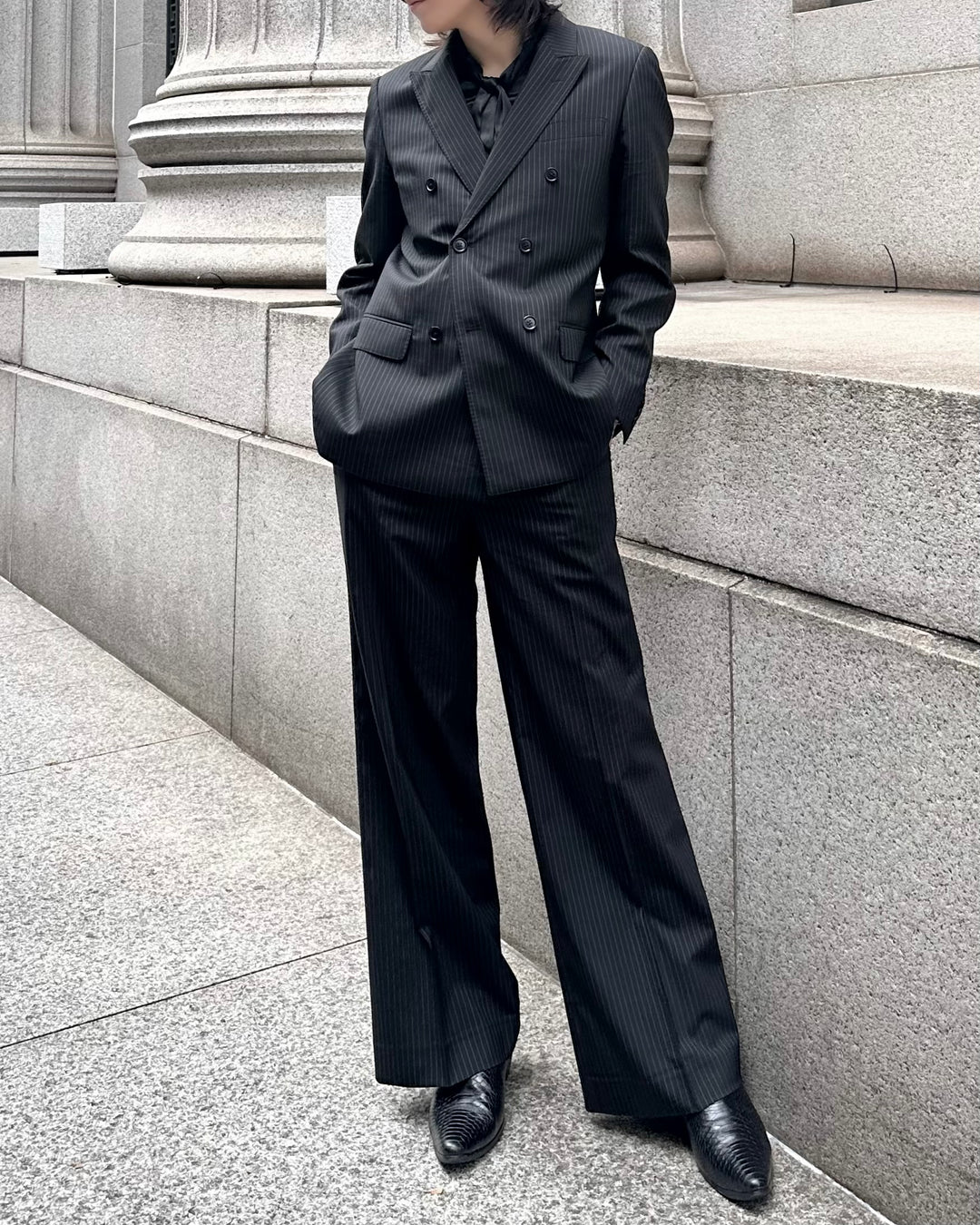 "Striped Wool Wide Flare Slacks"