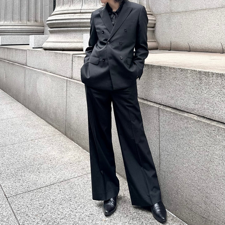 "Striped Wool Wide Flare Slacks"