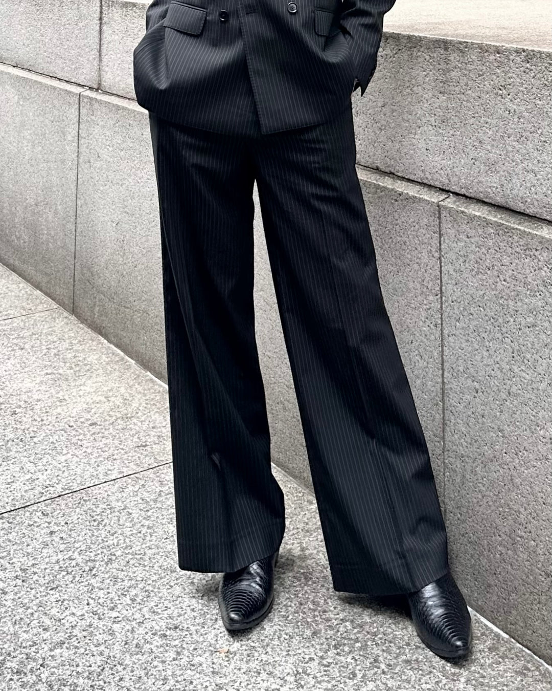 "Striped Wool Wide Flare Slacks"