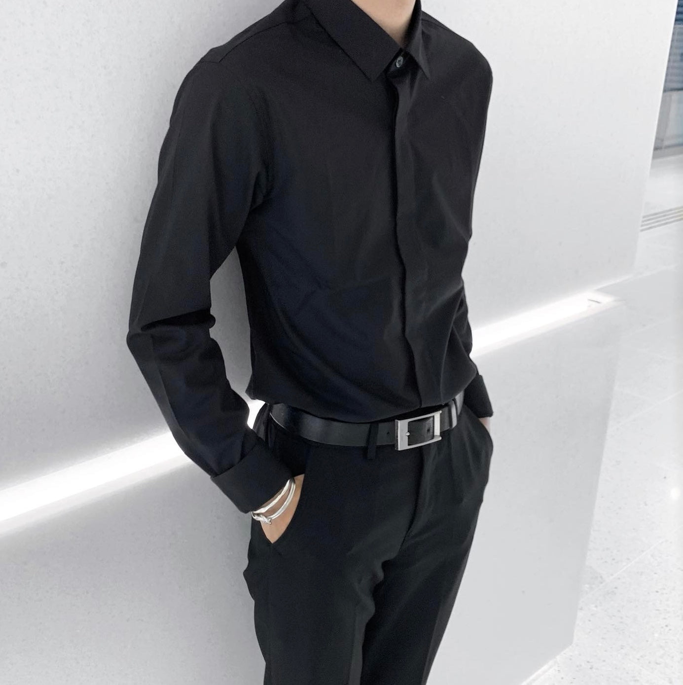 [Instant delivery] “smart fly front shirt” Fly button shirt (black)