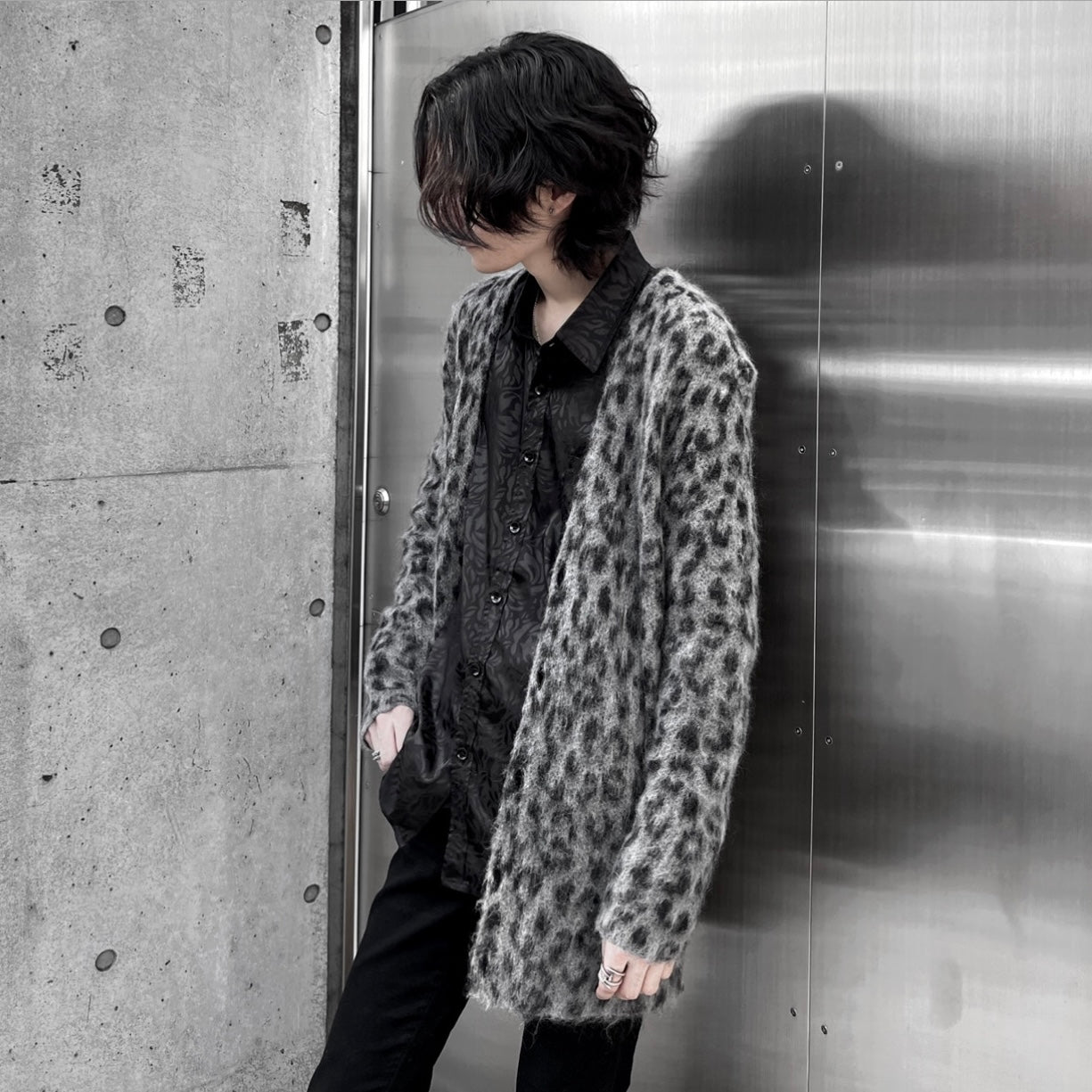 【即納】“Leopard mohair cardigan“ (グレー)