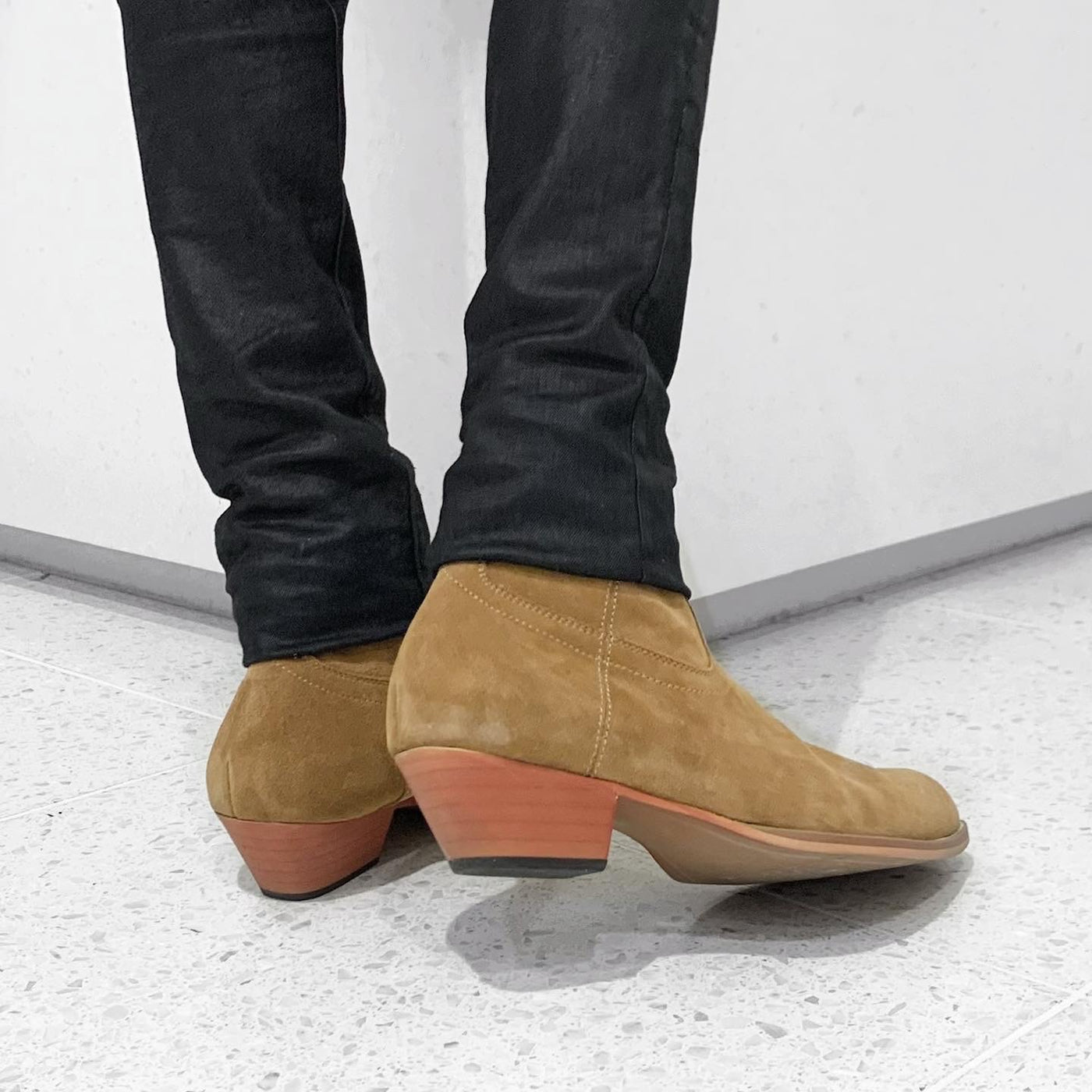 【즉납】40mm heel boots “Diagonal”(스웨이드 브라운)