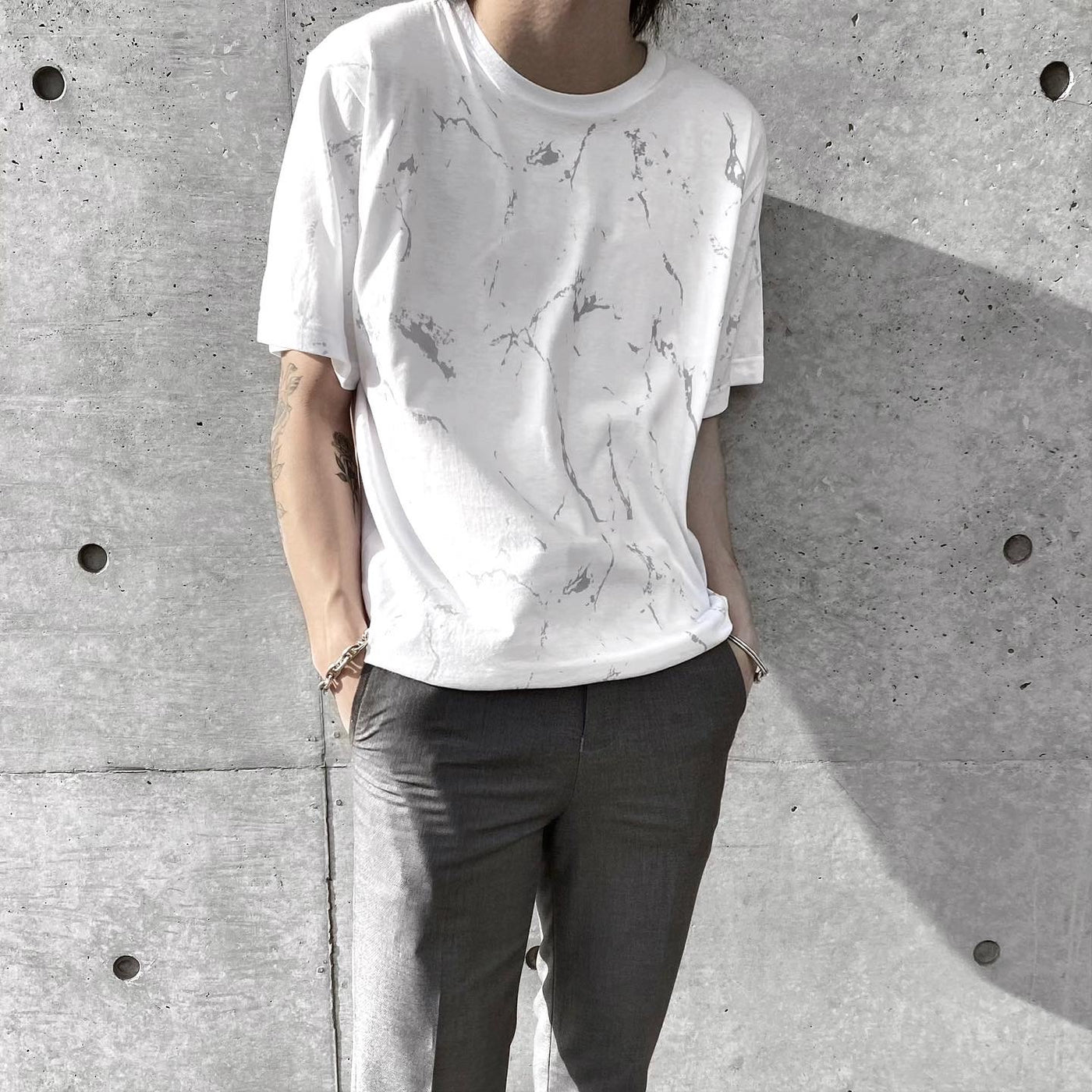 [Instant delivery]"Marble"T-shirt Marble Marble Total Pattern T-shirt (White)