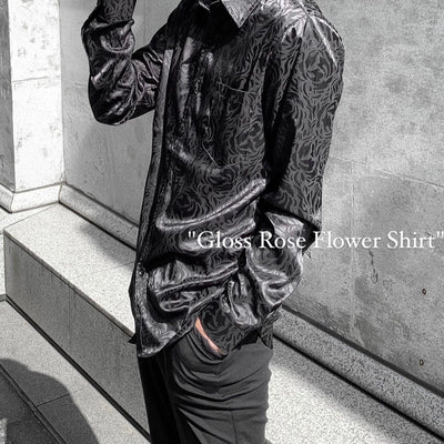 [Instant delivery]"Gloss Rose"flower shirt Rose total pattern shirt (black)